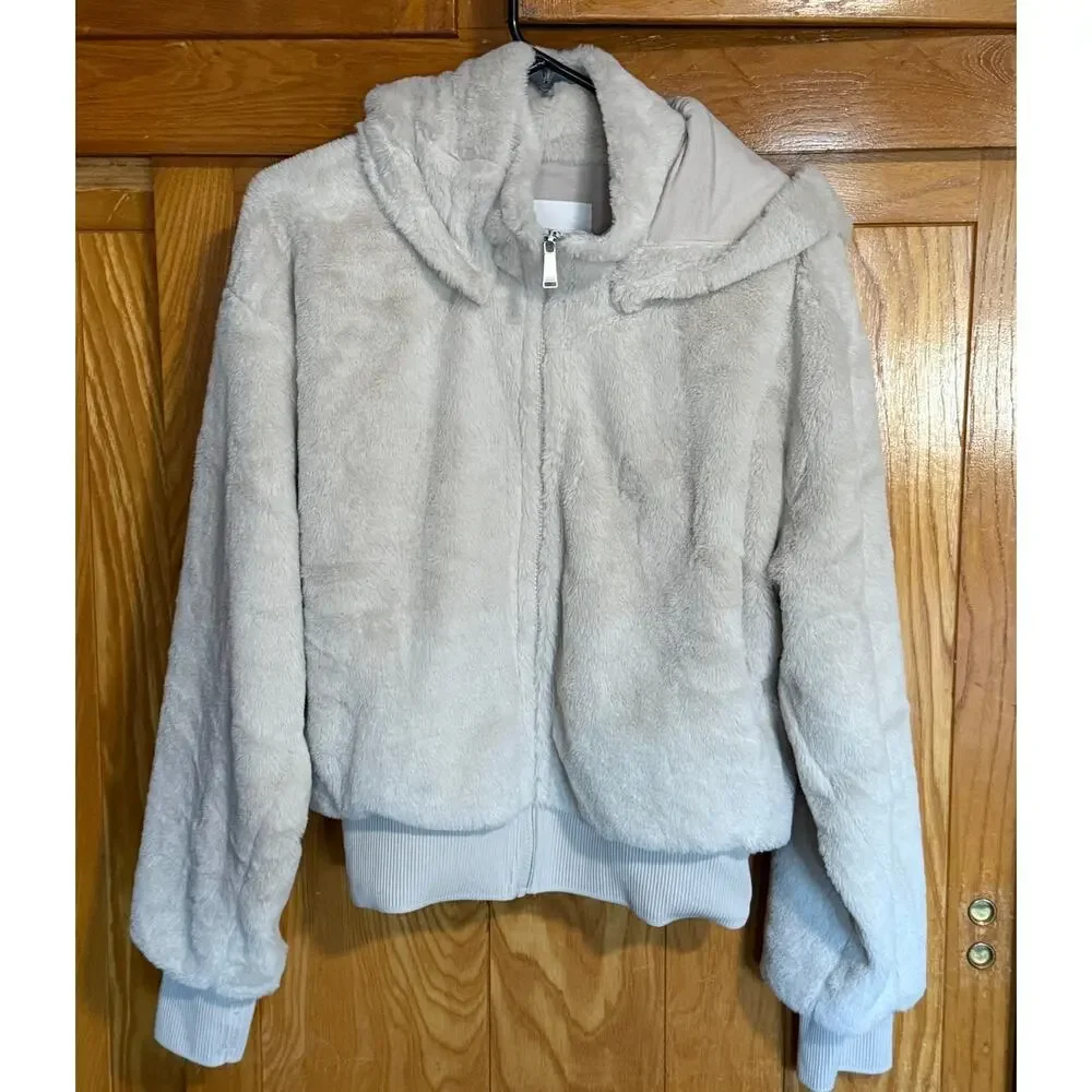 DKNY Sport Faux Fur Cream Hooded Bomber Jacket - Size XL